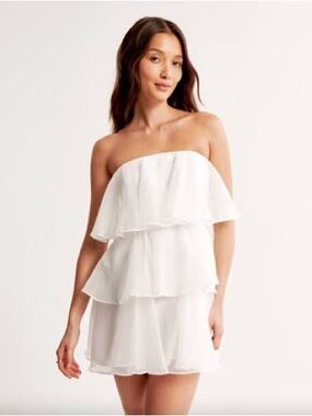 Abercrombie and Fitch Organza Tiered Ruffle Strapless Mini Dress White Sz Medium
